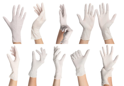 A series of ten hands are shown wearing white exam gloves in different positions.
