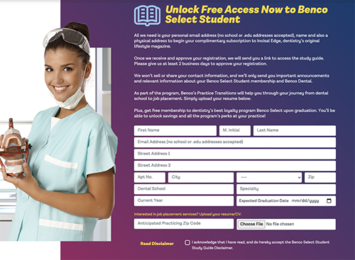 Benco Select Student free members only program will help dental students jumpstart their careers with free access to CDCA study guide.