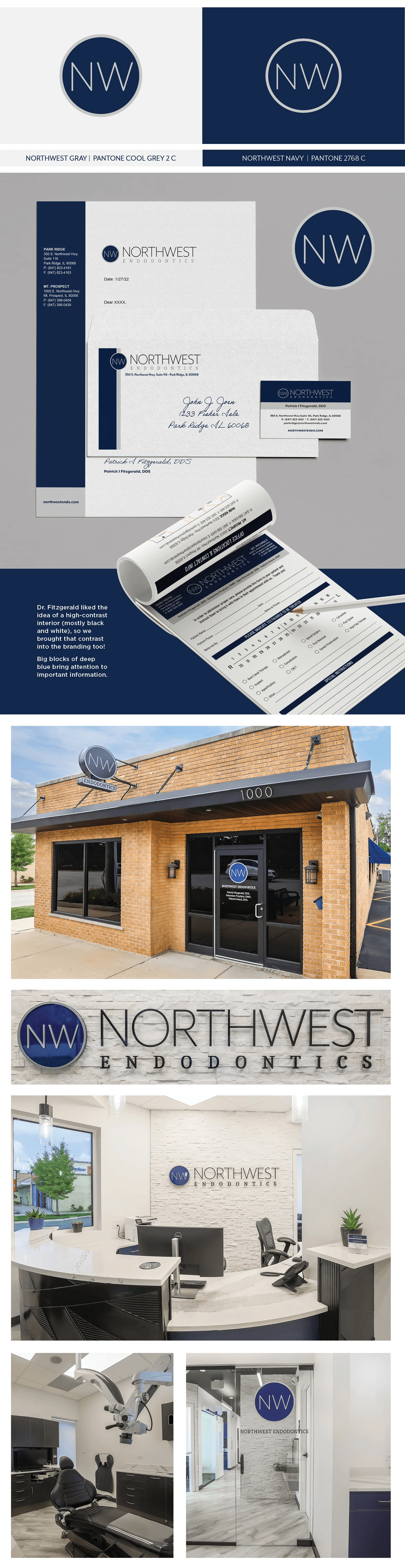 Dr. Fitzgerald liked the idea of a high-contrast interior (mostly black and white), so we brought that contrast into the branding too! Big blocks of deep blue bring attention to important information.